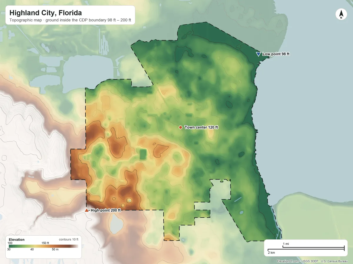 Topographic elevation map of Highland City, Florida, shaded from 98 ft on the northeast side to 200 ft on the southwest side
