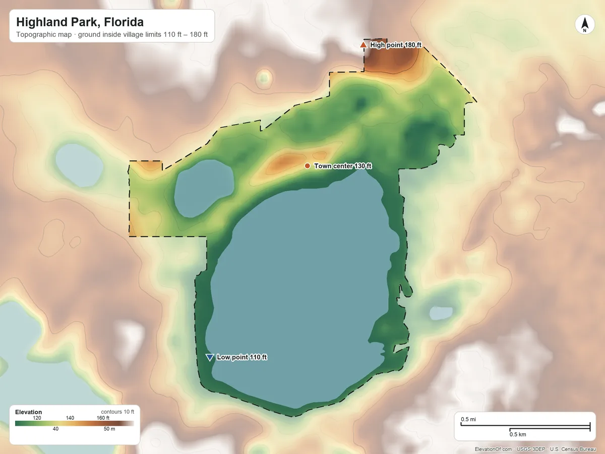 Topographic elevation map of Highland Park, Florida, shaded from 110 ft on the southwest side to 180 ft on the northeast side