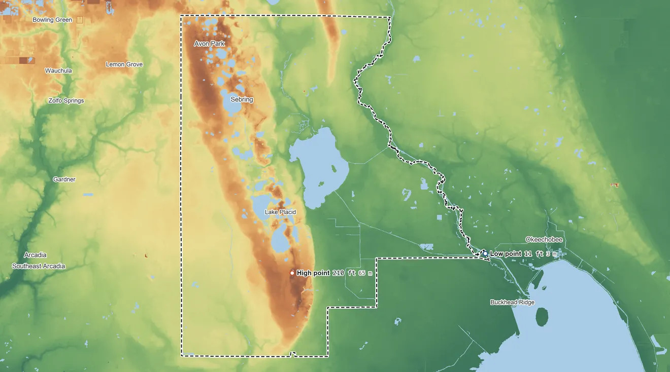 Topographic elevation map of Highlands County, Florida, shaded from 11 ft on the southeast side to 210 ft on the southwest side
