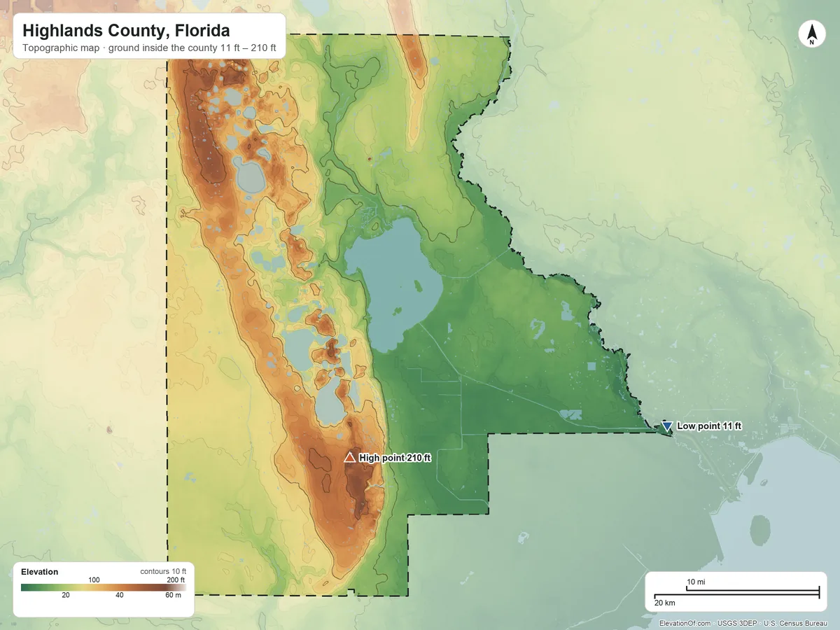 Topographic elevation map of Highlands County, Florida, shaded from 11 ft on the southeast side to 210 ft on the southwest side