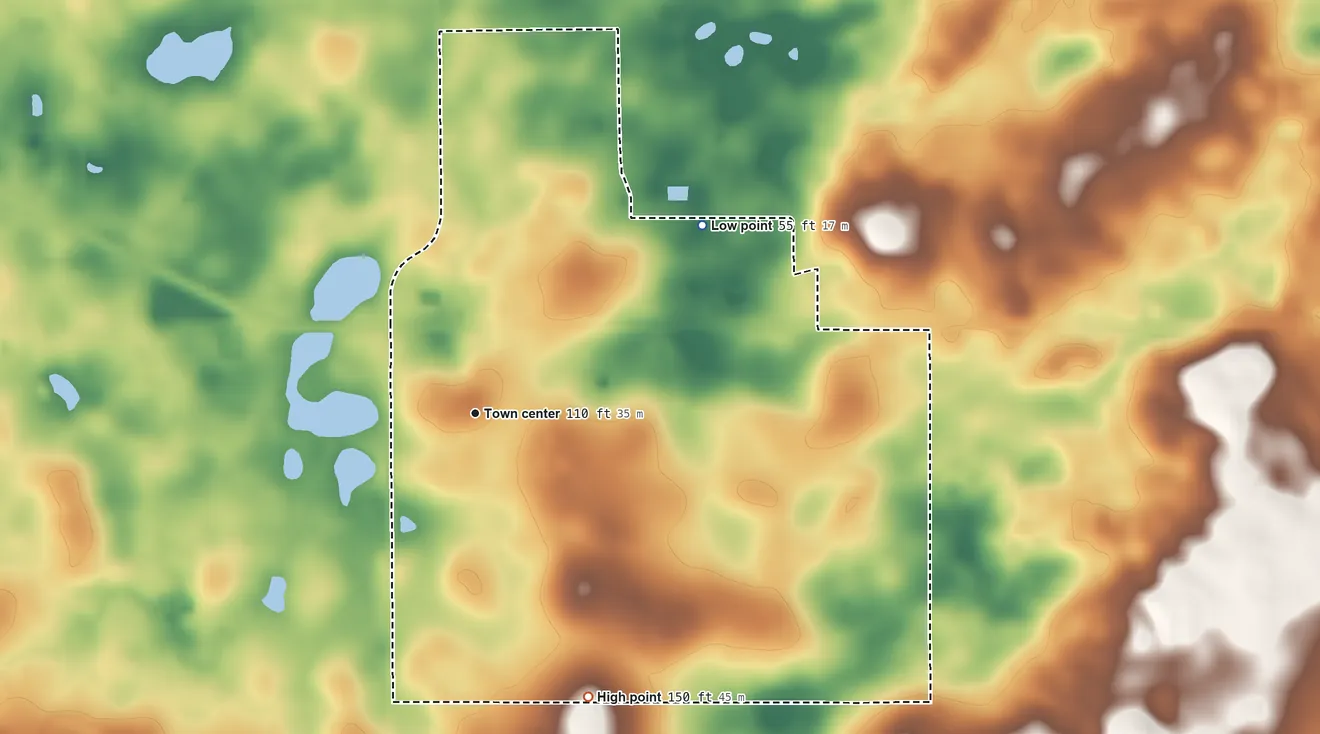 Topographic elevation map of Hill 'n Dale, Florida, shaded from 55 ft on the northeast side to 150 ft on the south side
