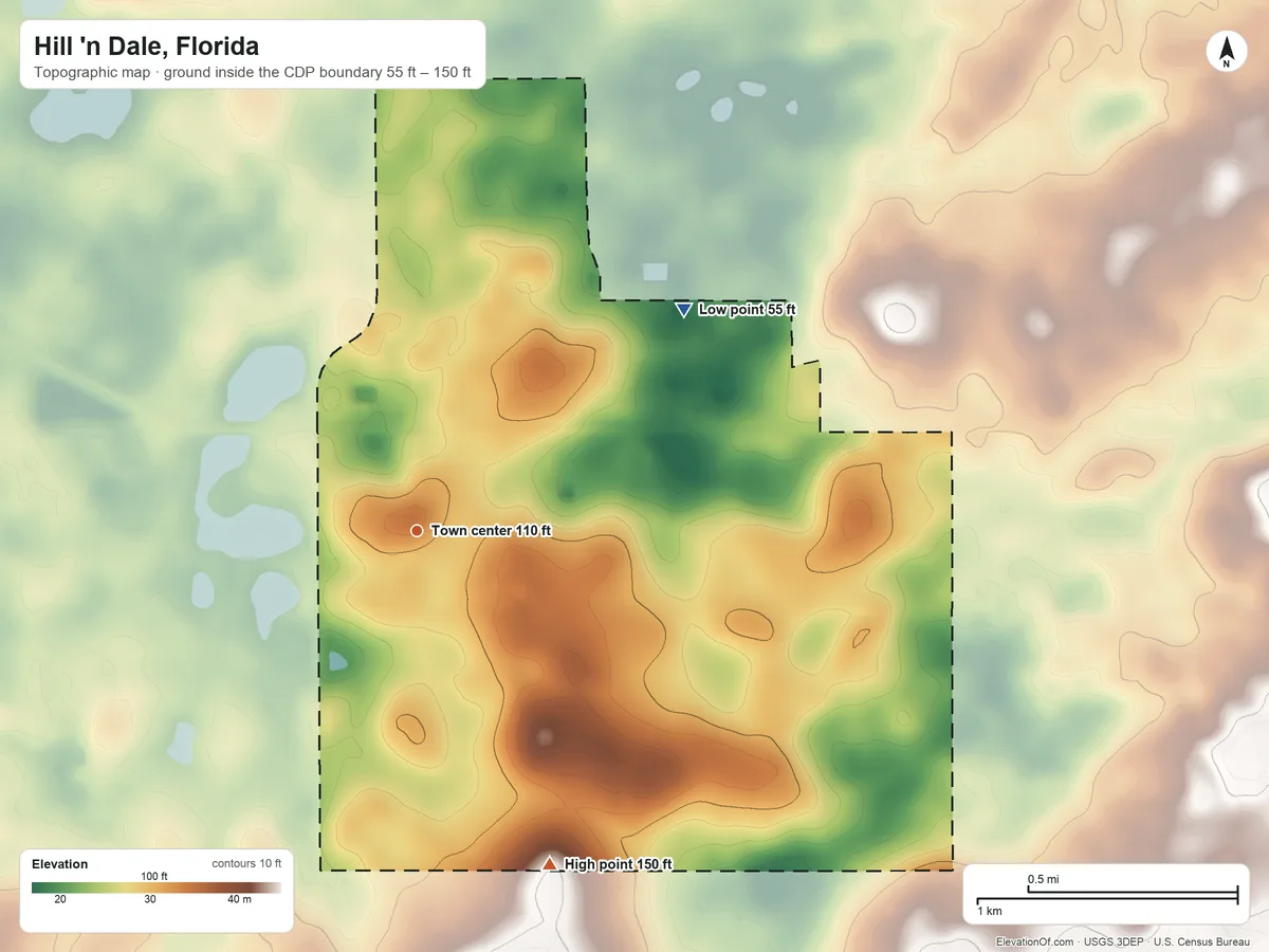 Topographic elevation map of Hill 'n Dale, Florida, shaded from 55 ft on the northeast side to 150 ft on the south side