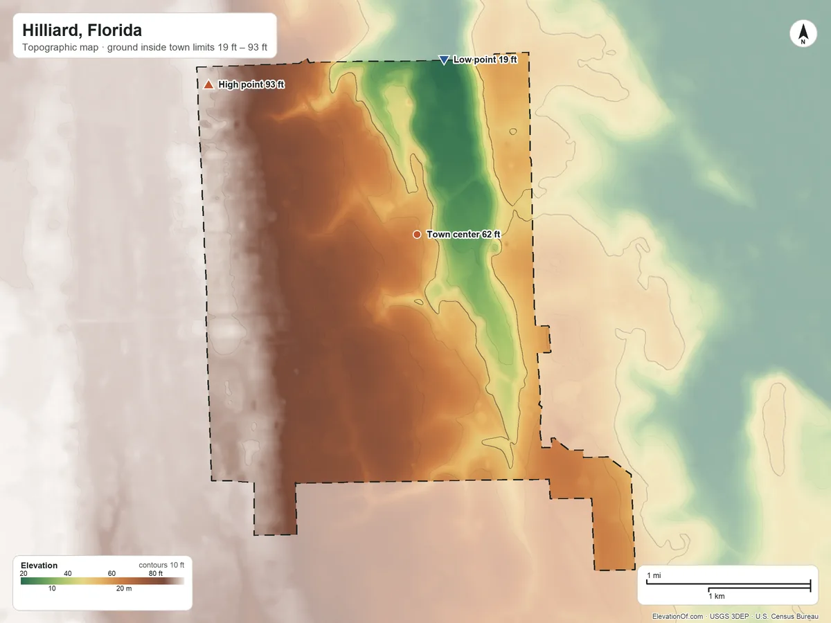 Topographic elevation map of Hilliard, Florida, shaded from 19 ft on the north side to 93 ft on the northwest side