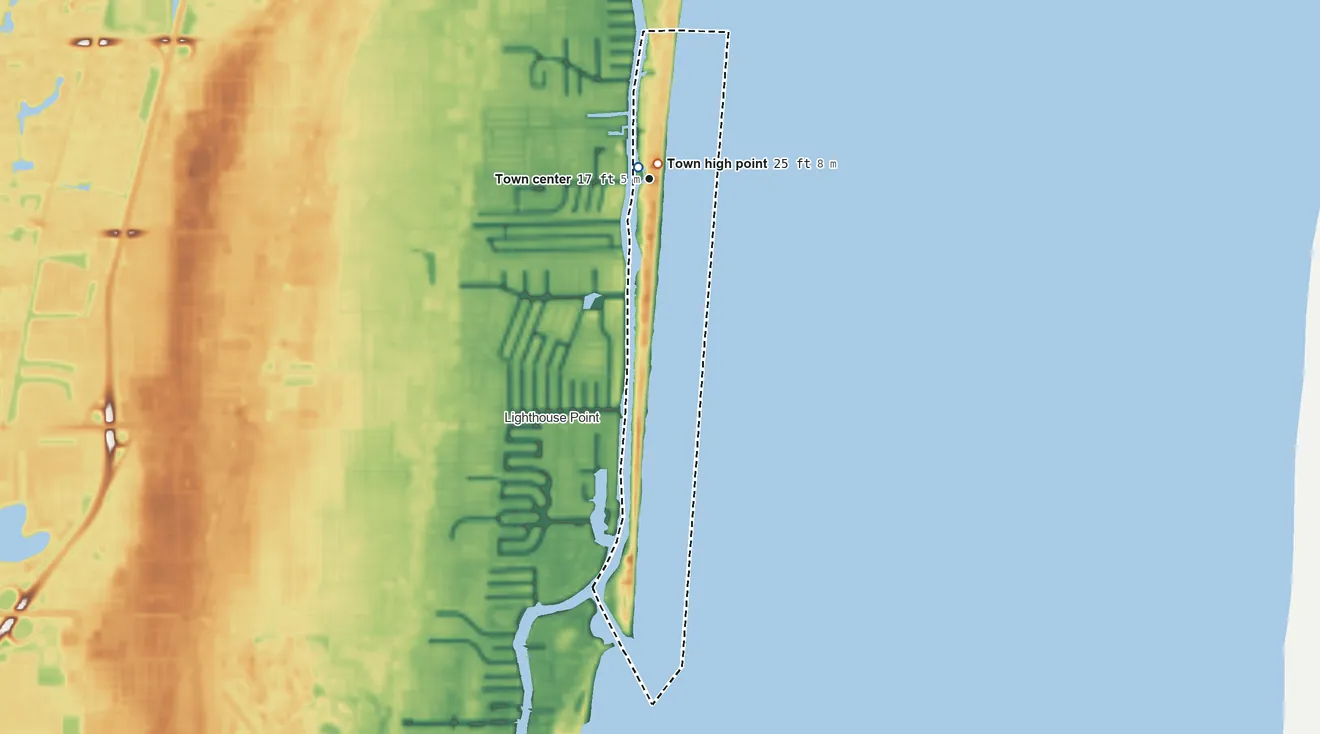 Topographic elevation map of Hillsboro Beach, Florida, shaded from sea level level on the Atlantic Ocean to 25 ft near the middle