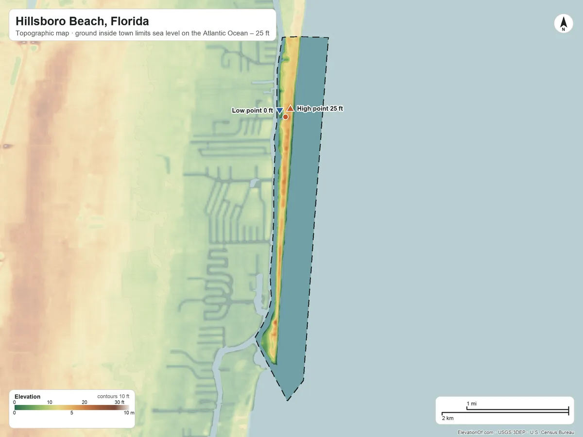 Topographic elevation map of Hillsboro Beach, Florida, shaded from sea level level on the Atlantic Ocean to 25 ft near the middle