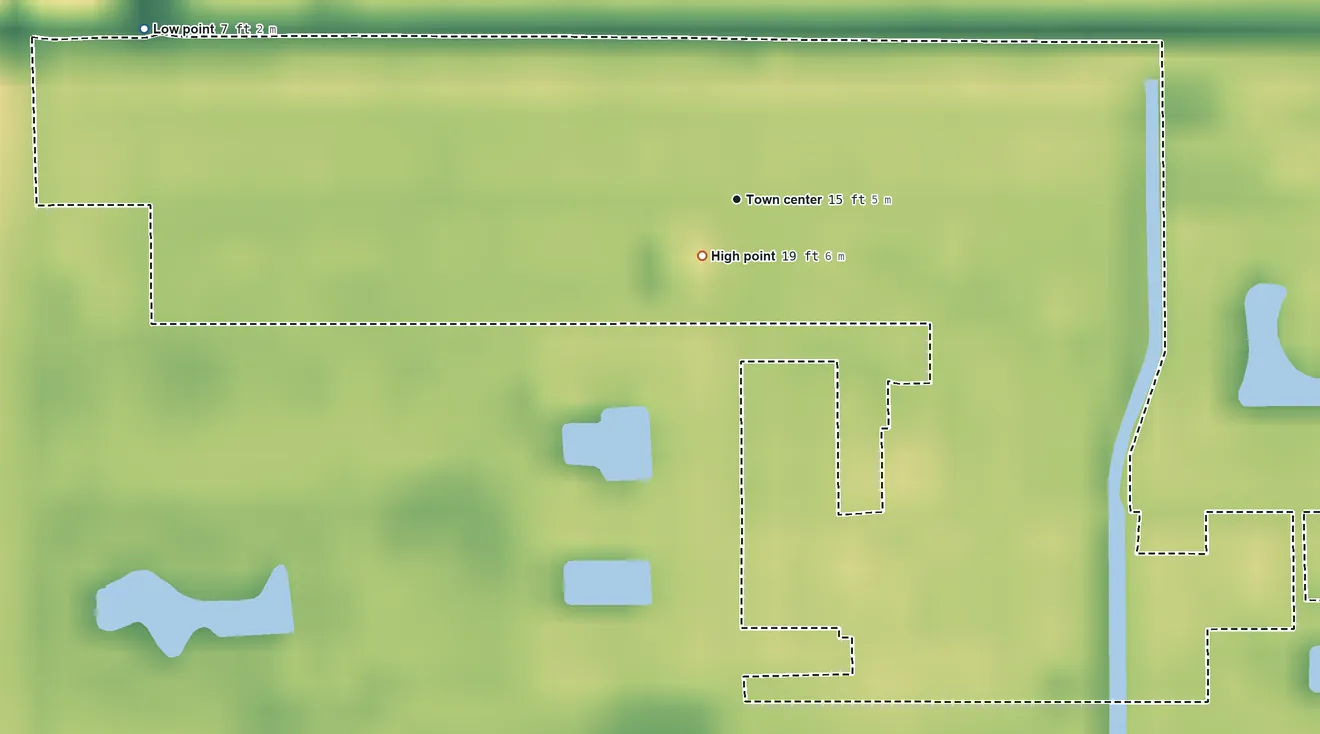 Topographic elevation map of Hillsboro Pines, Florida, shaded from 7 ft on the west side to 19 ft near the middle