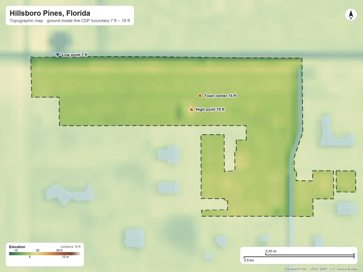 Topographic elevation map of Hillsboro Pines, Florida, shaded from 7 ft on the west side to 19 ft near the middle