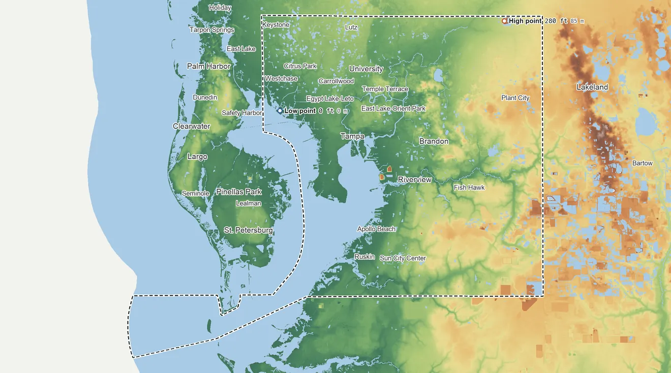 Topographic elevation map of Hillsborough County, Florida, shaded from sea level on Old Tampa Bay to 280 ft on the northeast side