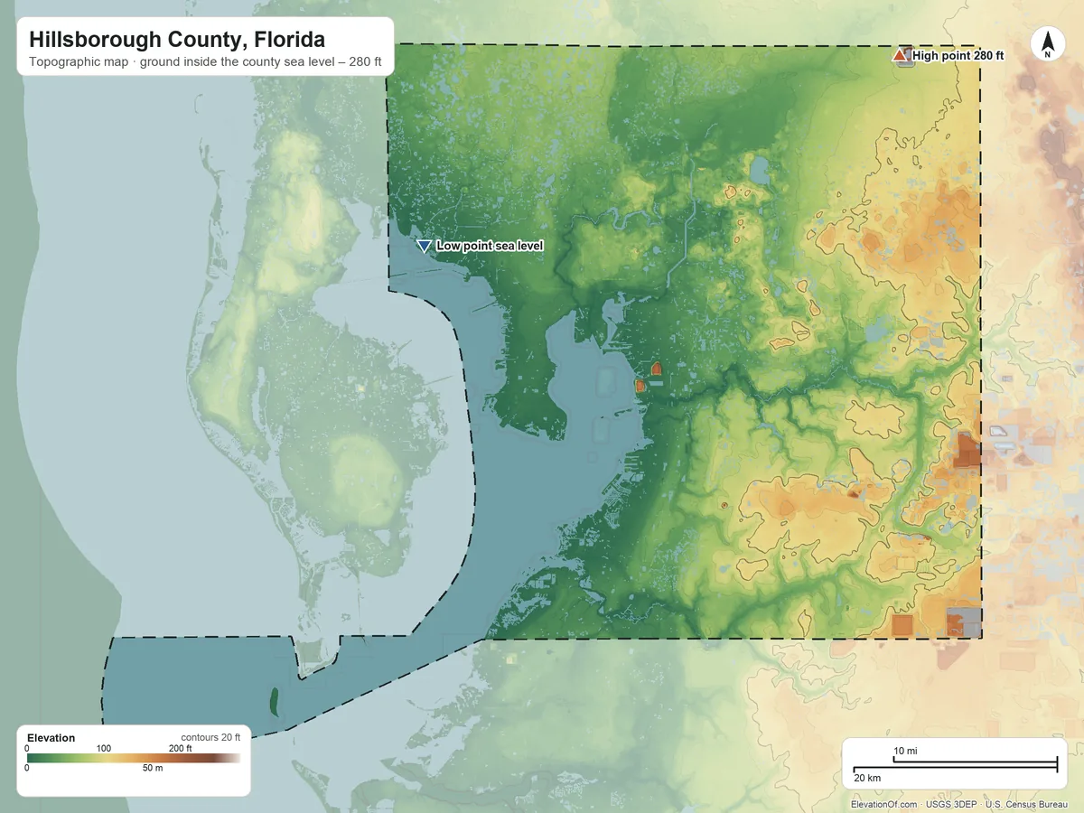 Topographic elevation map of Hillsborough County, Florida, shaded from sea level on Old Tampa Bay to 280 ft on the northeast side