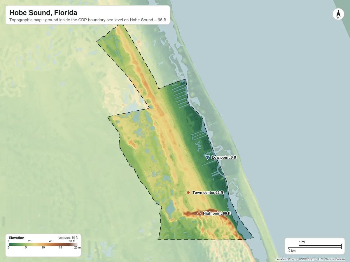 Topographic elevation map of Hobe Sound, Florida, shaded from sea level level on Hobe Sound to 66 ft near the middle