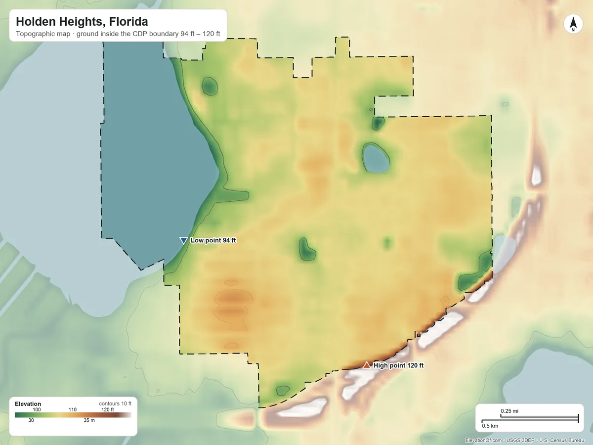 Topographic elevation map of Holden Heights, Florida, shaded from 94 ft on the west side to 120 ft on the south side