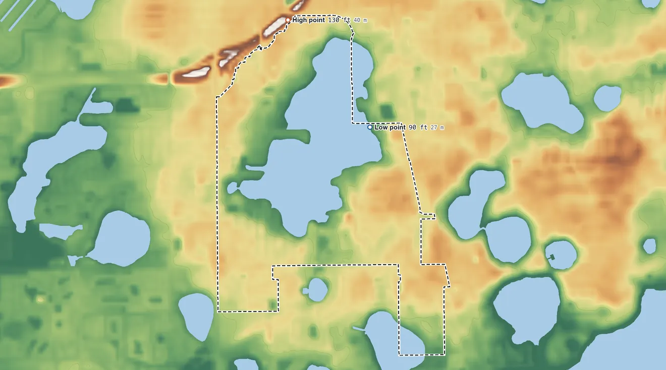 Topographic elevation map of Holden Lakes, Florida, shaded from 90 ft on the east side to 130 ft on the north side