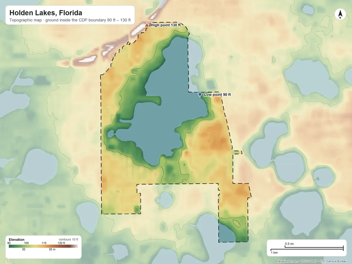 Topographic elevation map of Holden Lakes, Florida, shaded from 90 ft on the east side to 130 ft on the north side