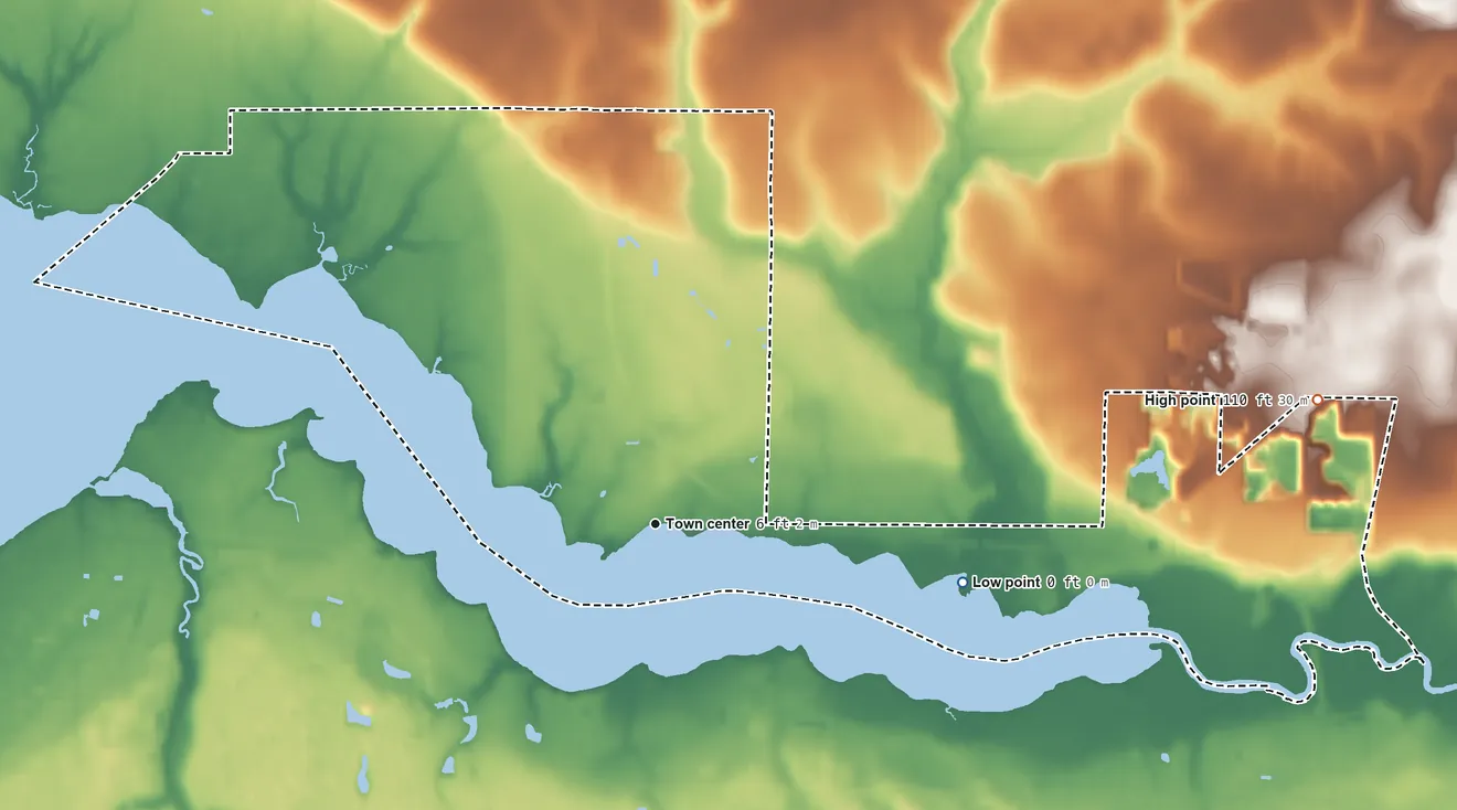 Topographic elevation map of Holley, Florida, shaded from sea level level on East Bay to 110 ft on the east side