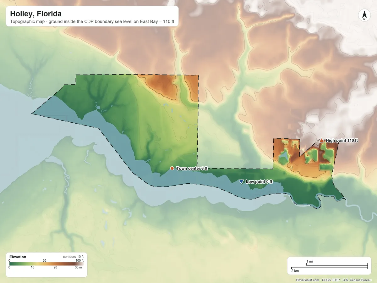 Topographic elevation map of Holley, Florida, shaded from sea level level on East Bay to 110 ft on the east side