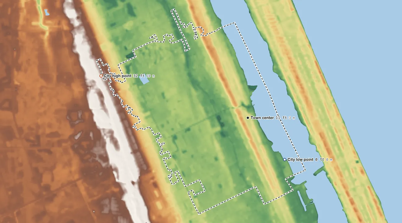 Topographic elevation map of Holly Hill, Florida, shaded from 0 ft on the southeast side to 32 ft on the west side
