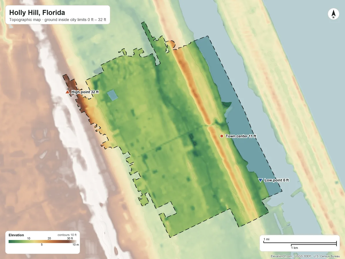 Topographic elevation map of Holly Hill, Florida, shaded from 0 ft on the southeast side to 32 ft on the west side