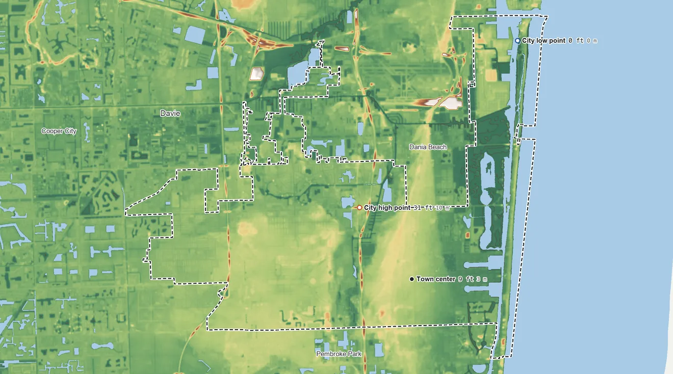 Topographic elevation map of Hollywood, Florida, shaded from sea level level on the Atlantic Ocean to 31 ft on the northwest side