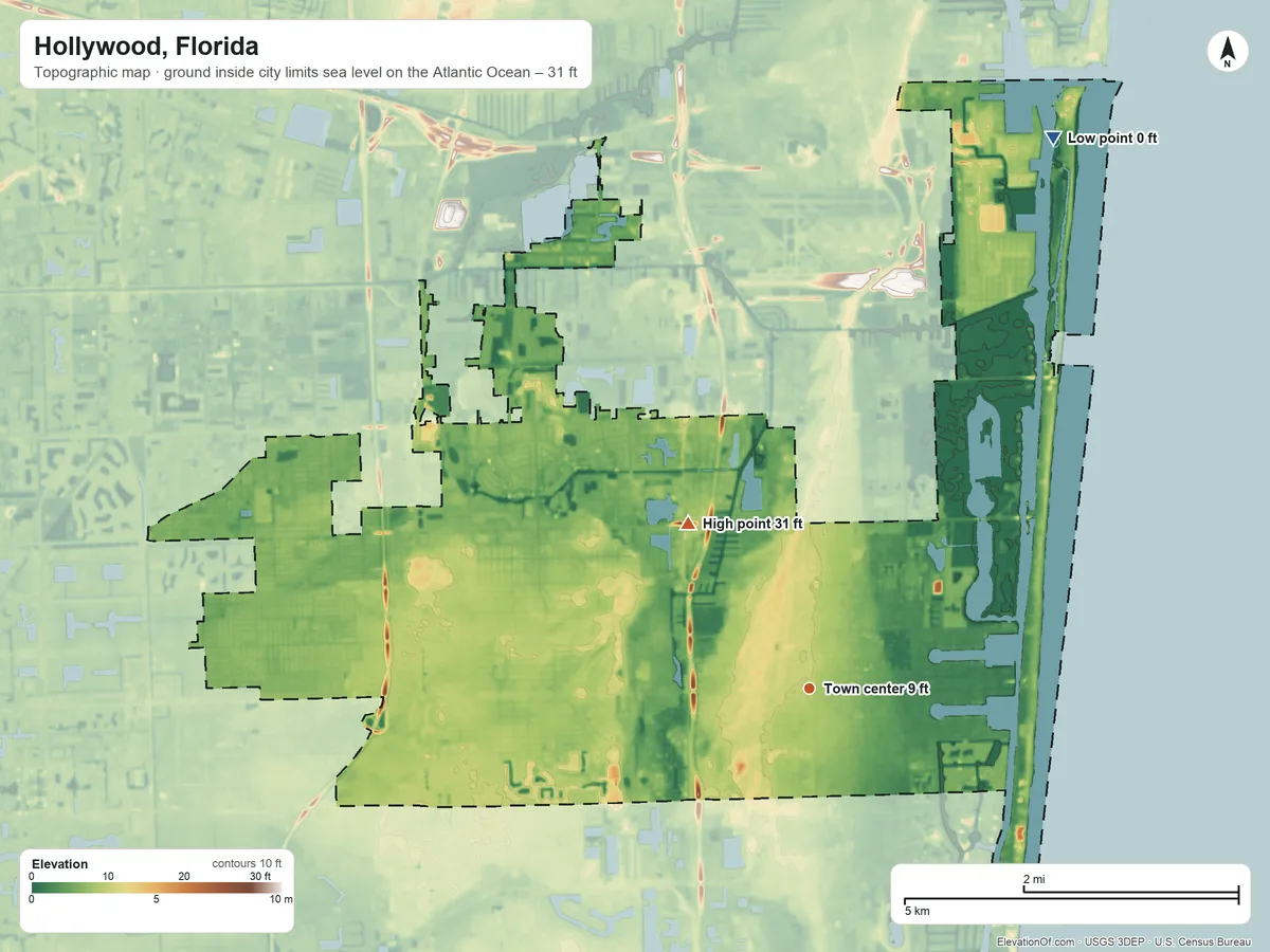 Topographic elevation map of Hollywood, Florida, shaded from sea level level on the Atlantic Ocean to 31 ft on the northwest side