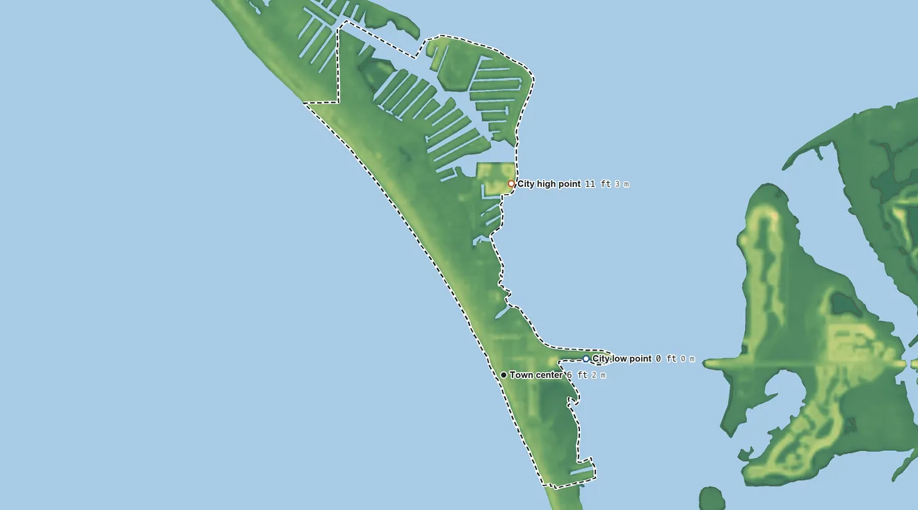 Topographic elevation map of Holmes Beach, Florida, shaded from sea level level on Anna Maria Sound to 11 ft on the north side