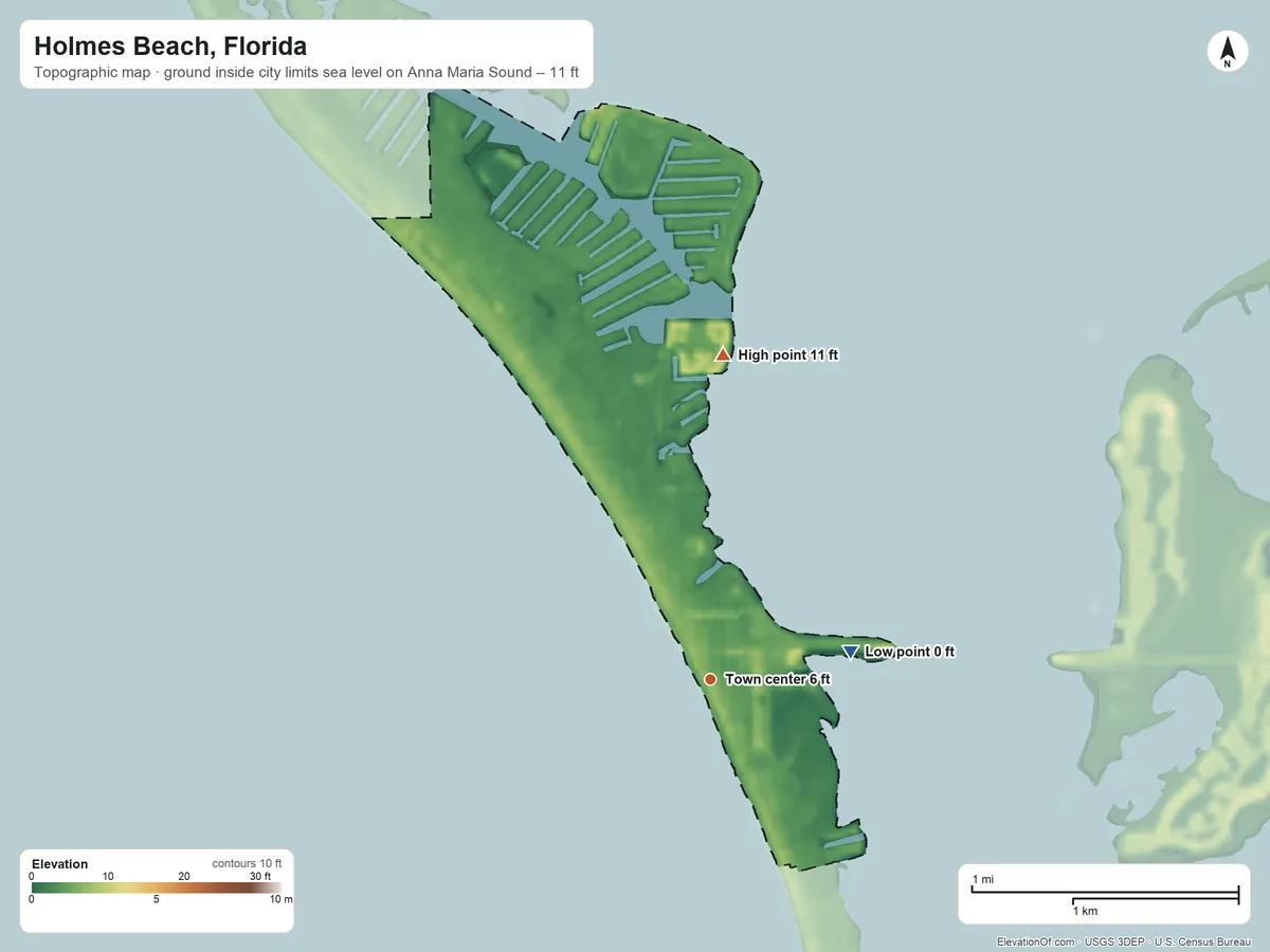 Topographic elevation map of Holmes Beach, Florida, shaded from sea level level on Anna Maria Sound to 11 ft on the north side