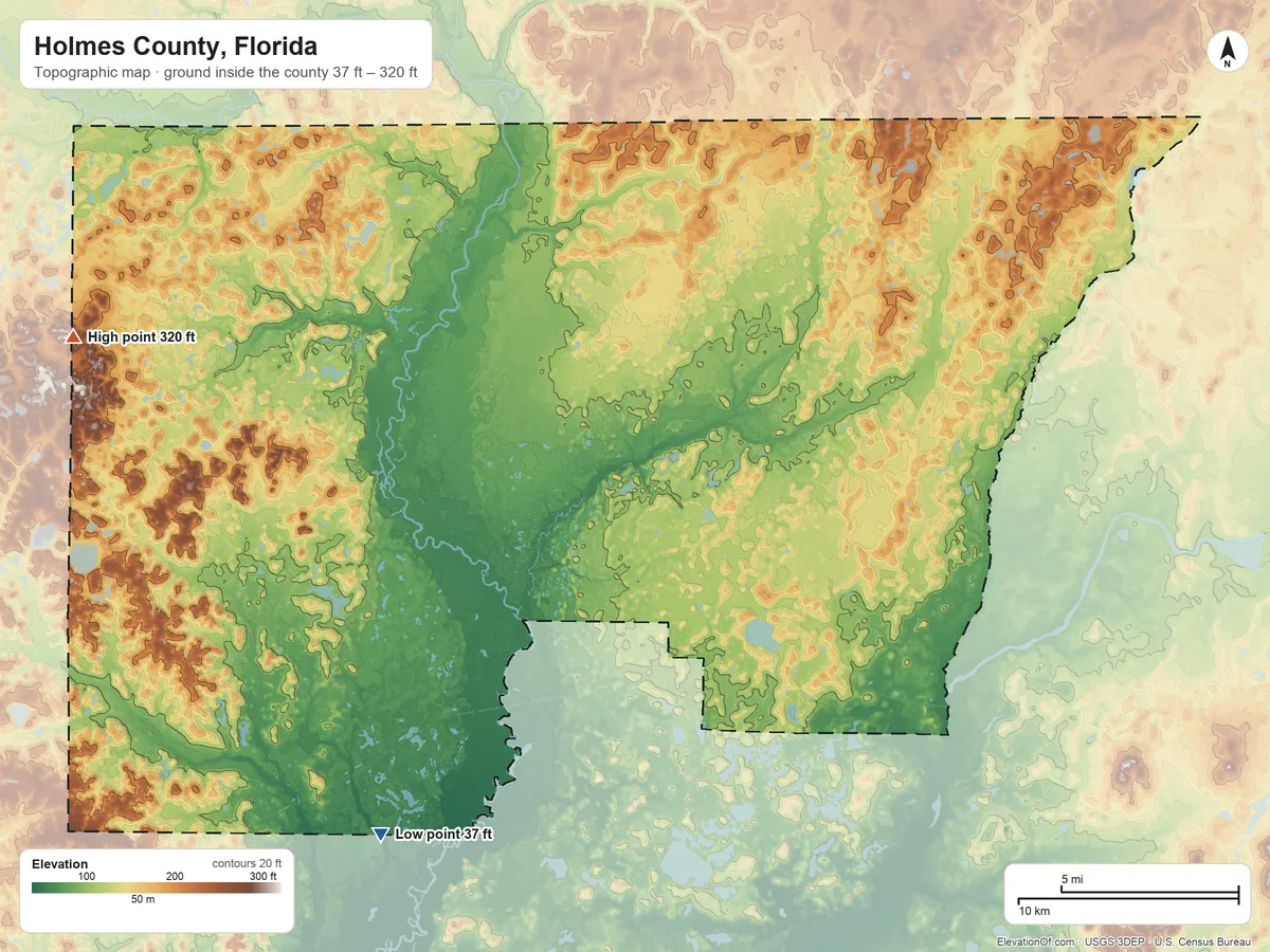 Topographic elevation map of Holmes County, Florida, shaded from 37 ft on the southwest side to 320 ft on the west side