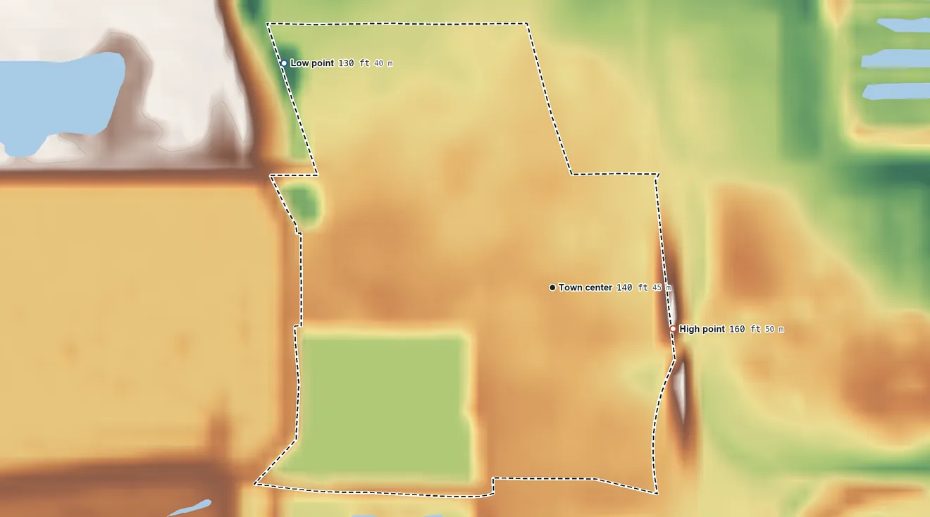 Topographic elevation map of Homeland, Florida, shaded from 130 ft on the northwest side to 160 ft on the east side
