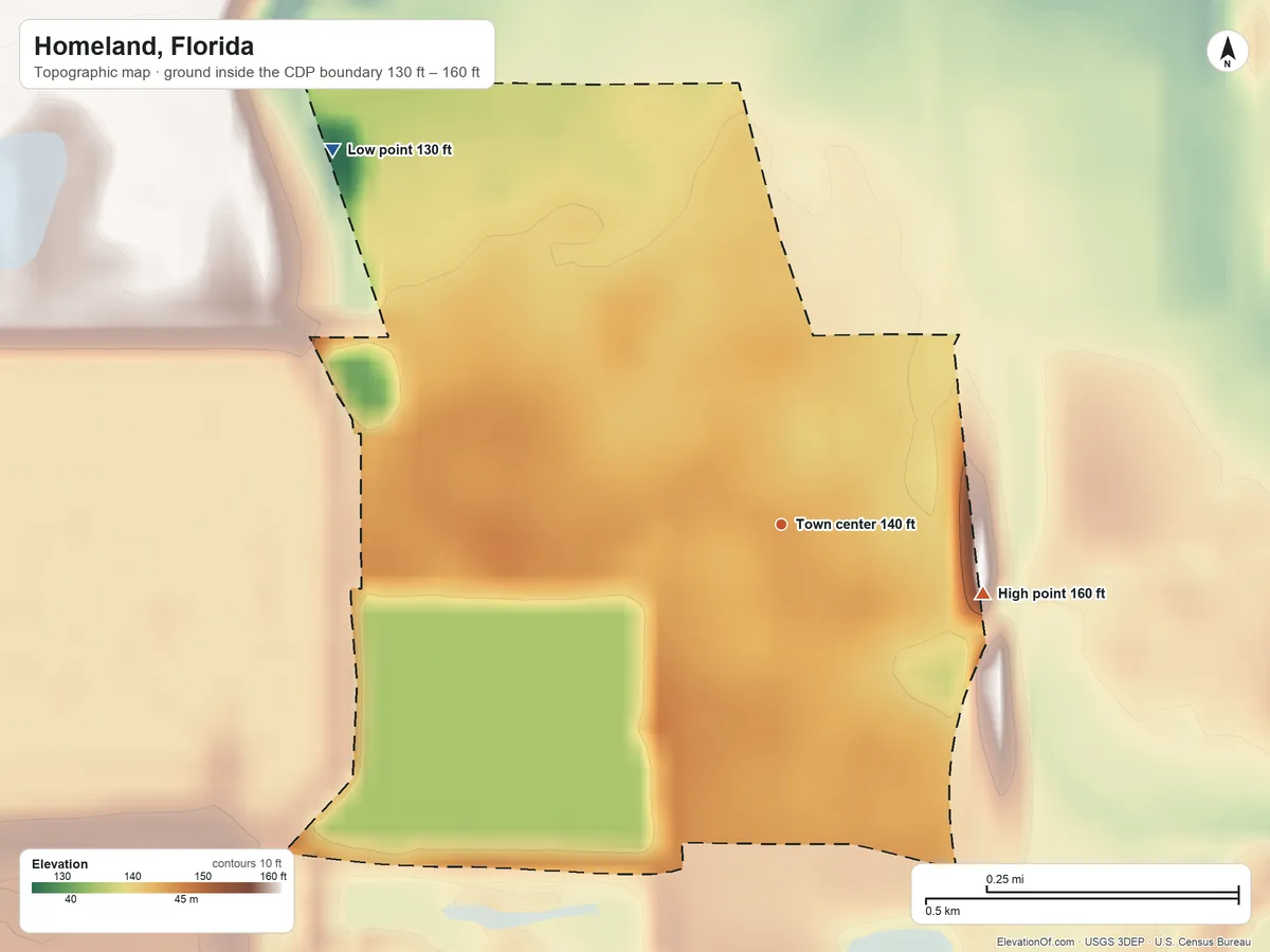 Topographic elevation map of Homeland, Florida, shaded from 130 ft on the northwest side to 160 ft on the east side