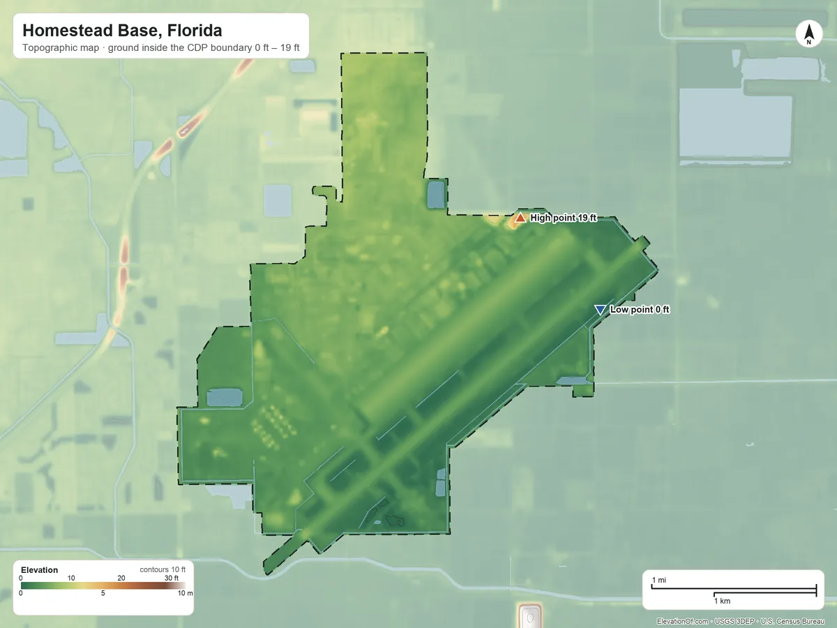 Topographic elevation map of Homestead Base, Florida, shaded from 0 ft on the east side to 19 ft on the east side