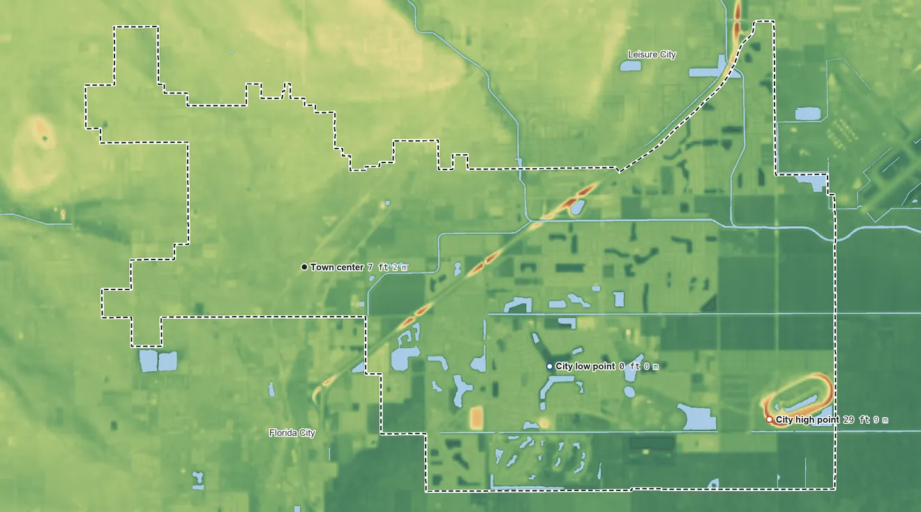 Topographic elevation map of Homestead, Florida, shaded from 0 ft on the east side to 29 ft on the east side