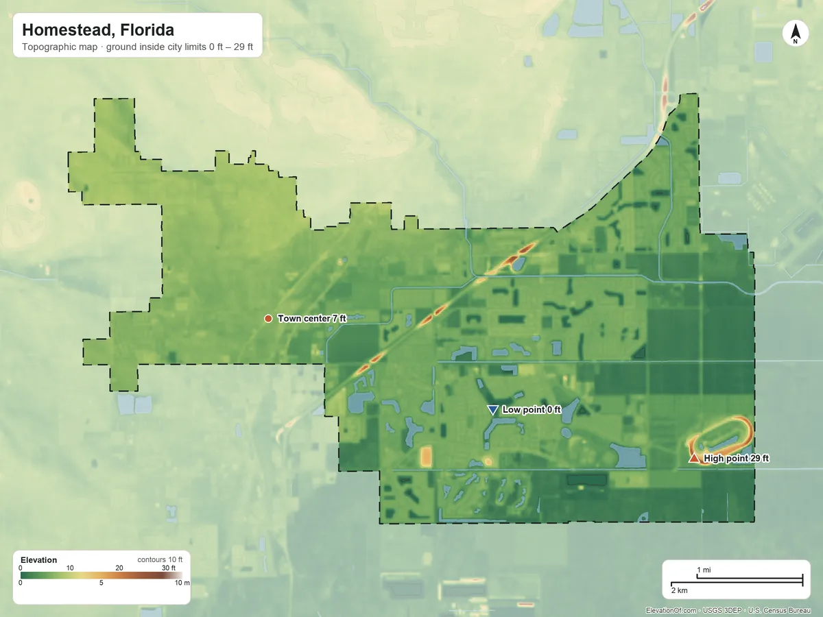 Topographic elevation map of Homestead, Florida, shaded from 0 ft on the east side to 29 ft on the east side