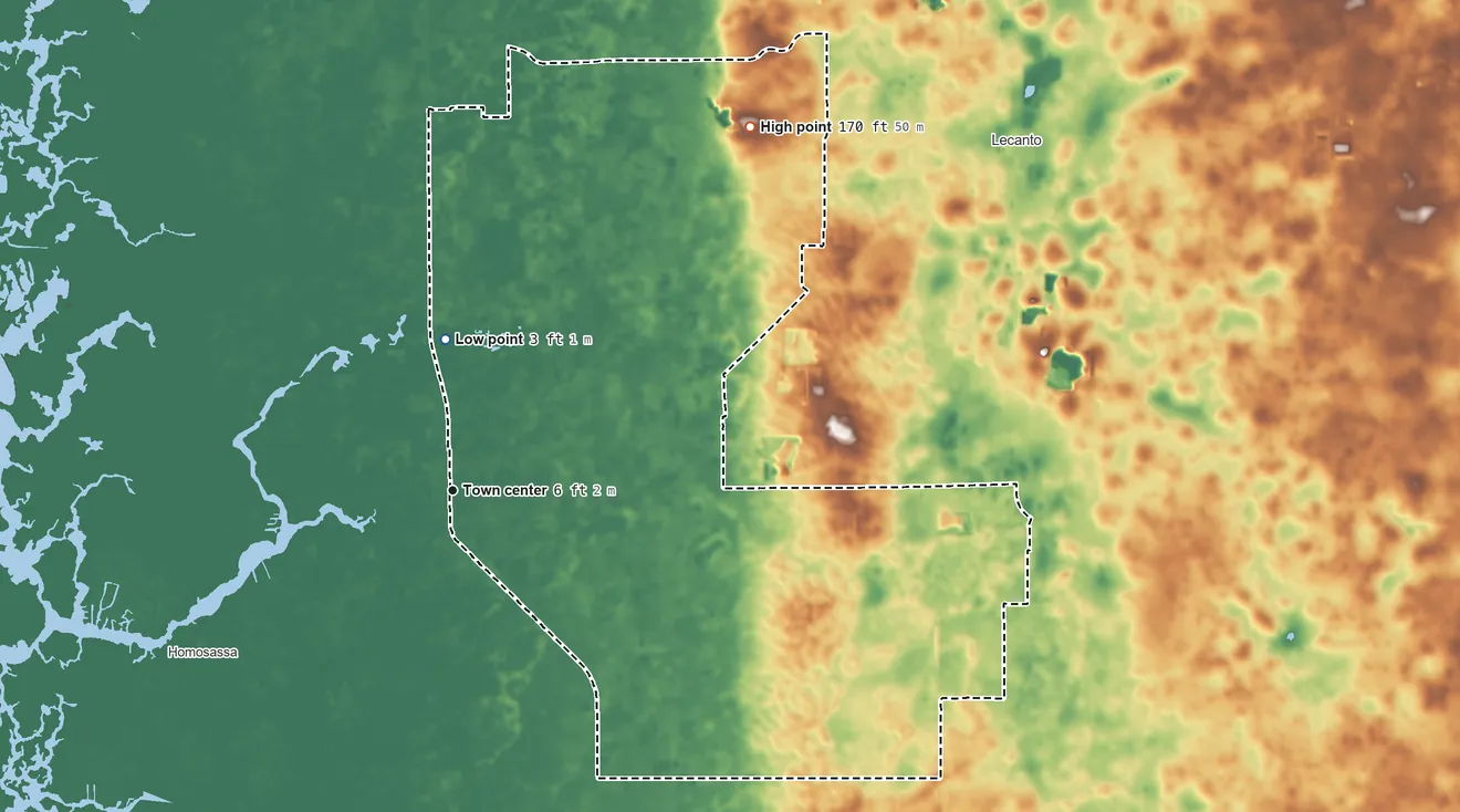 Topographic elevation map of Homosassa Springs, Florida, shaded from 3 ft on the north side to 170 ft on the northeast side