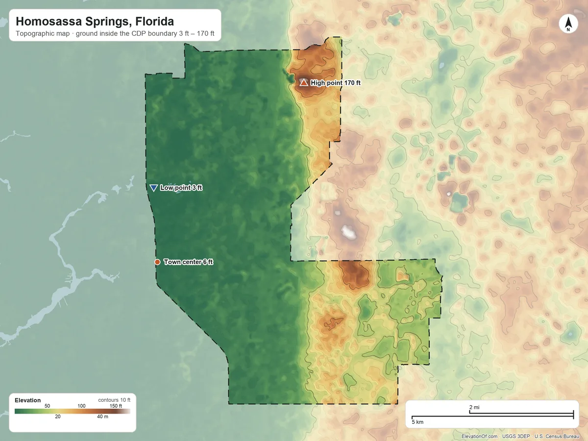 Topographic elevation map of Homosassa Springs, Florida, shaded from 3 ft on the north side to 170 ft on the northeast side