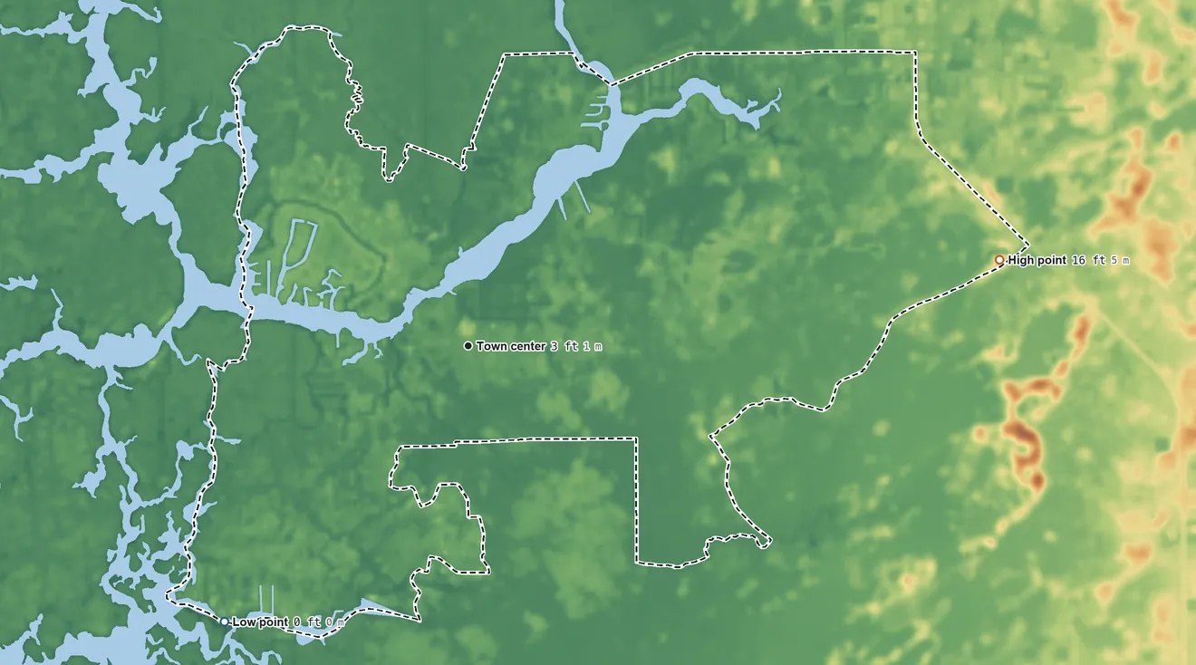Topographic elevation map of Homosassa, Florida, shaded from 0 ft on the southwest side to 16 ft on the east side