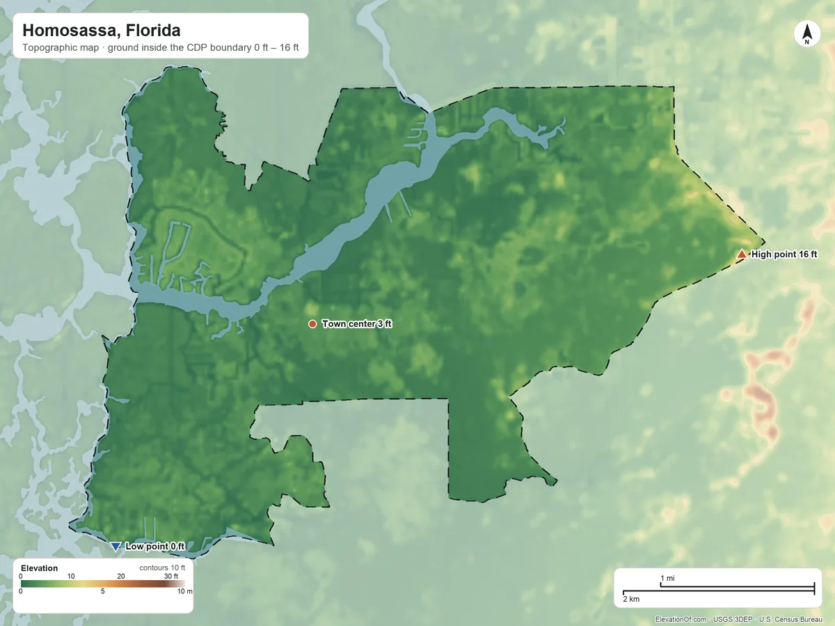 Topographic elevation map of Homosassa, Florida, shaded from 0 ft on the southwest side to 16 ft on the east side