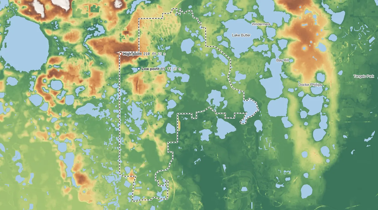 Topographic elevation map of Horizon West, Florida, shaded from 89 ft on the west side to 210 ft on the northwest side