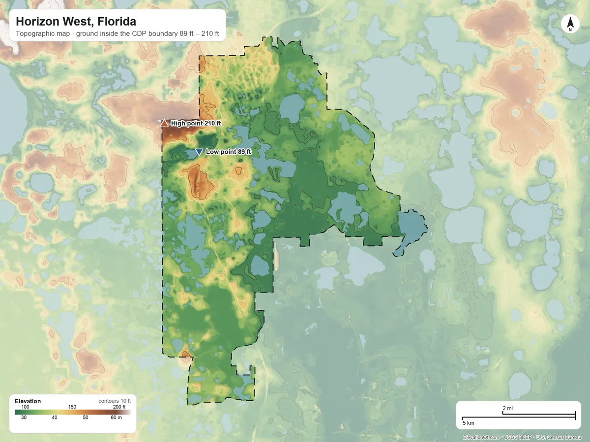 Topographic elevation map of Horizon West, Florida, shaded from 89 ft on the west side to 210 ft on the northwest side
