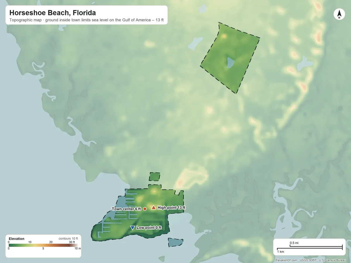 Topographic elevation map of Horseshoe Beach, Florida, shaded from sea level level on the Gulf of America to 13 ft near the middle
