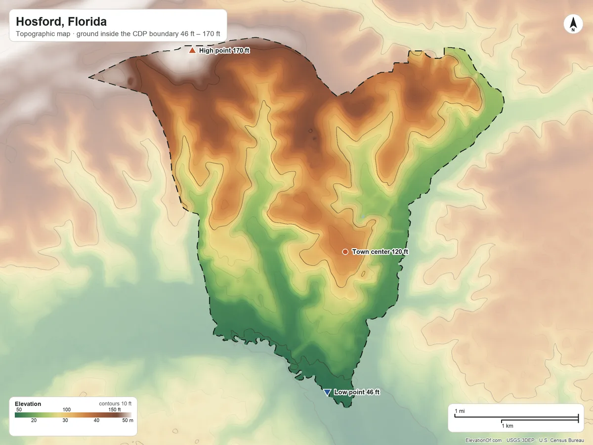 Topographic elevation map of Hosford, Florida, shaded from 46 ft on the south side to 170 ft on the northwest side