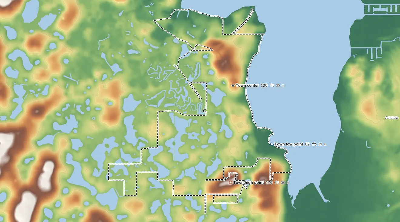 Topographic elevation map of Howey-in-the-Hills, Florida, shaded from 62 ft on the southeast side to 170 ft on the south side