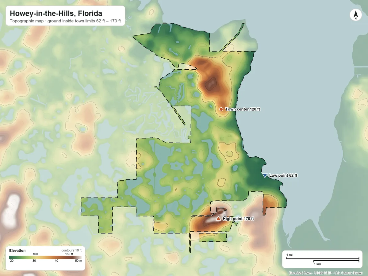Topographic elevation map of Howey-in-the-Hills, Florida, shaded from 62 ft on the southeast side to 170 ft on the south side