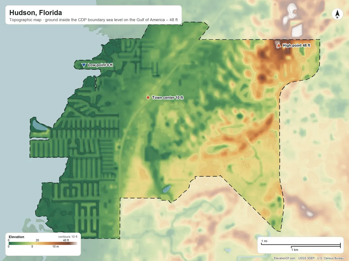 Topographic elevation map of Hudson, Florida, shaded from sea level level on the Gulf of America to 48 ft on the east side