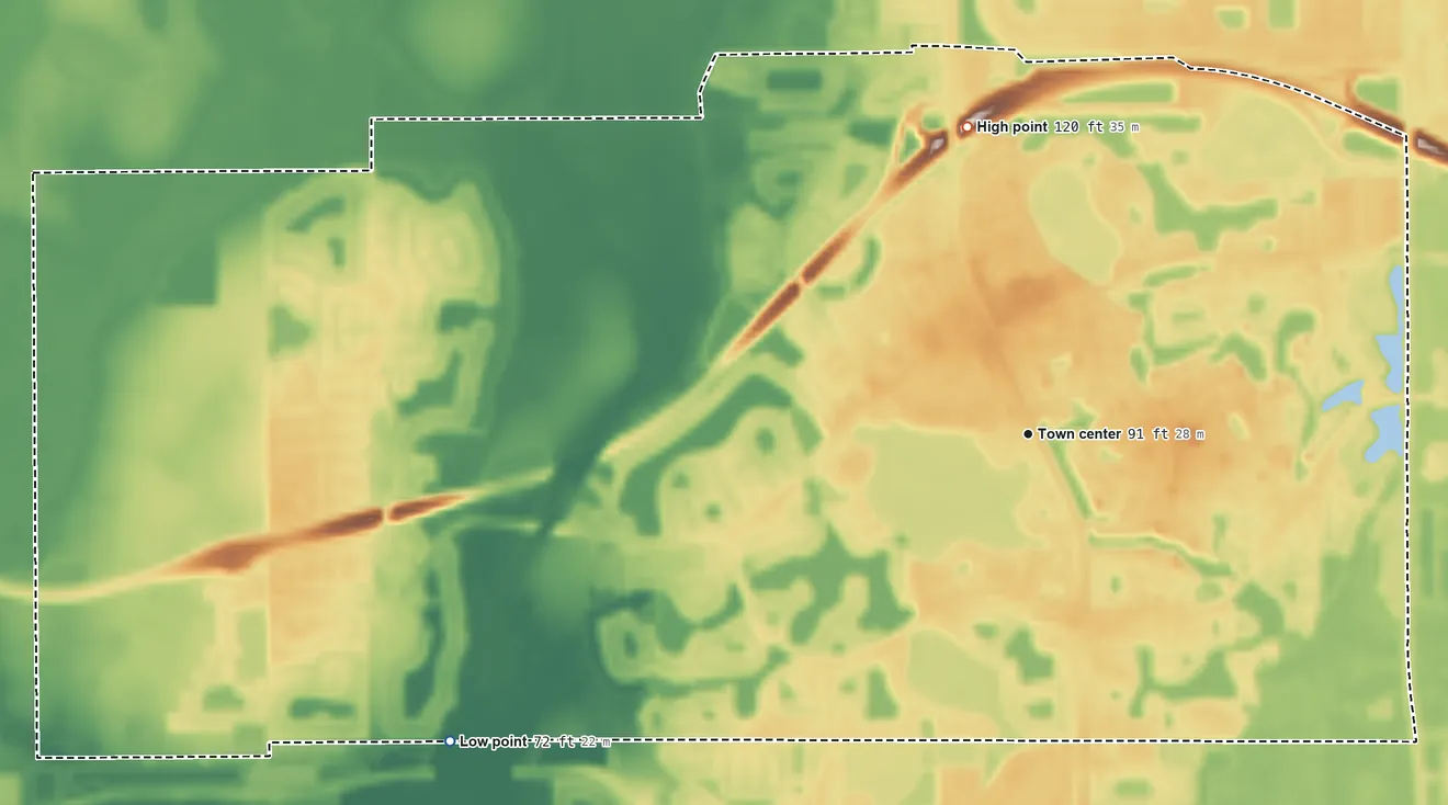 Topographic elevation map of Hunters Creek, Florida, shaded from 72 ft on the southwest side to 120 ft on the north side