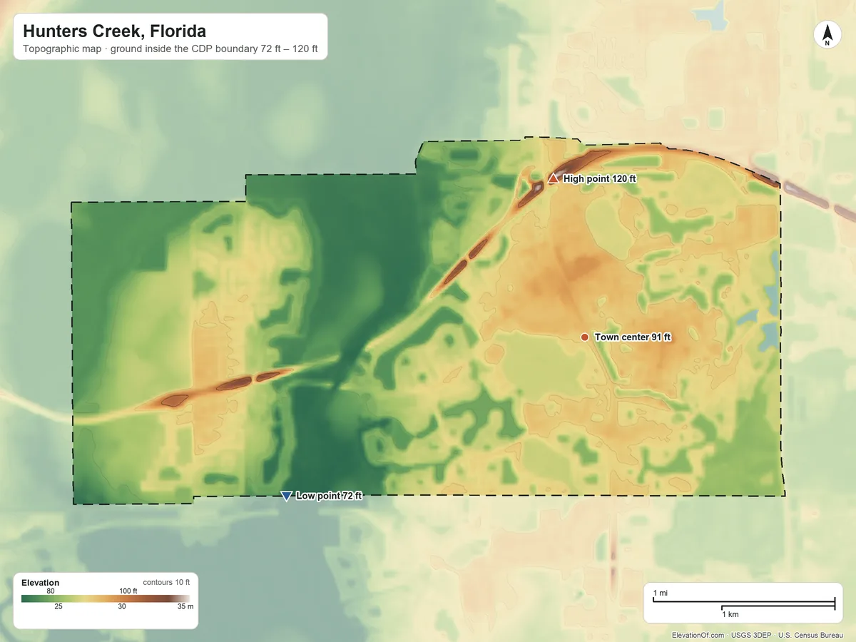 Topographic elevation map of Hunters Creek, Florida, shaded from 72 ft on the southwest side to 120 ft on the north side