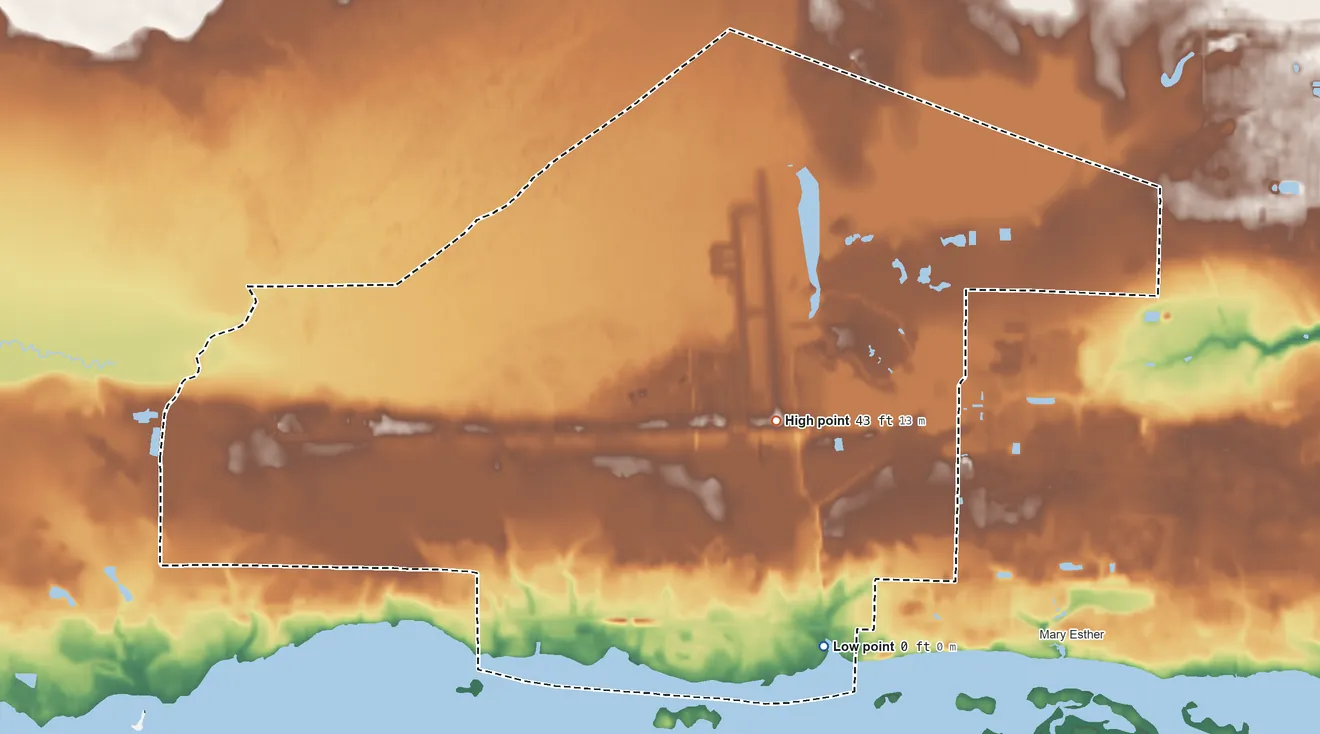 Topographic elevation map of Hurlburt Field, Florida, shaded from sea level level on Santa Rosa Sound to 43 ft near the middle