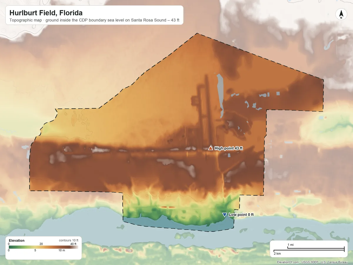 Topographic elevation map of Hurlburt Field, Florida, shaded from sea level level on Santa Rosa Sound to 43 ft near the middle