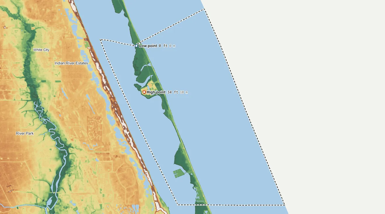 Topographic elevation map of Hutchinson Island South, Florida, shaded from sea level level on the Atlantic Ocean to 34 ft on the northwest side