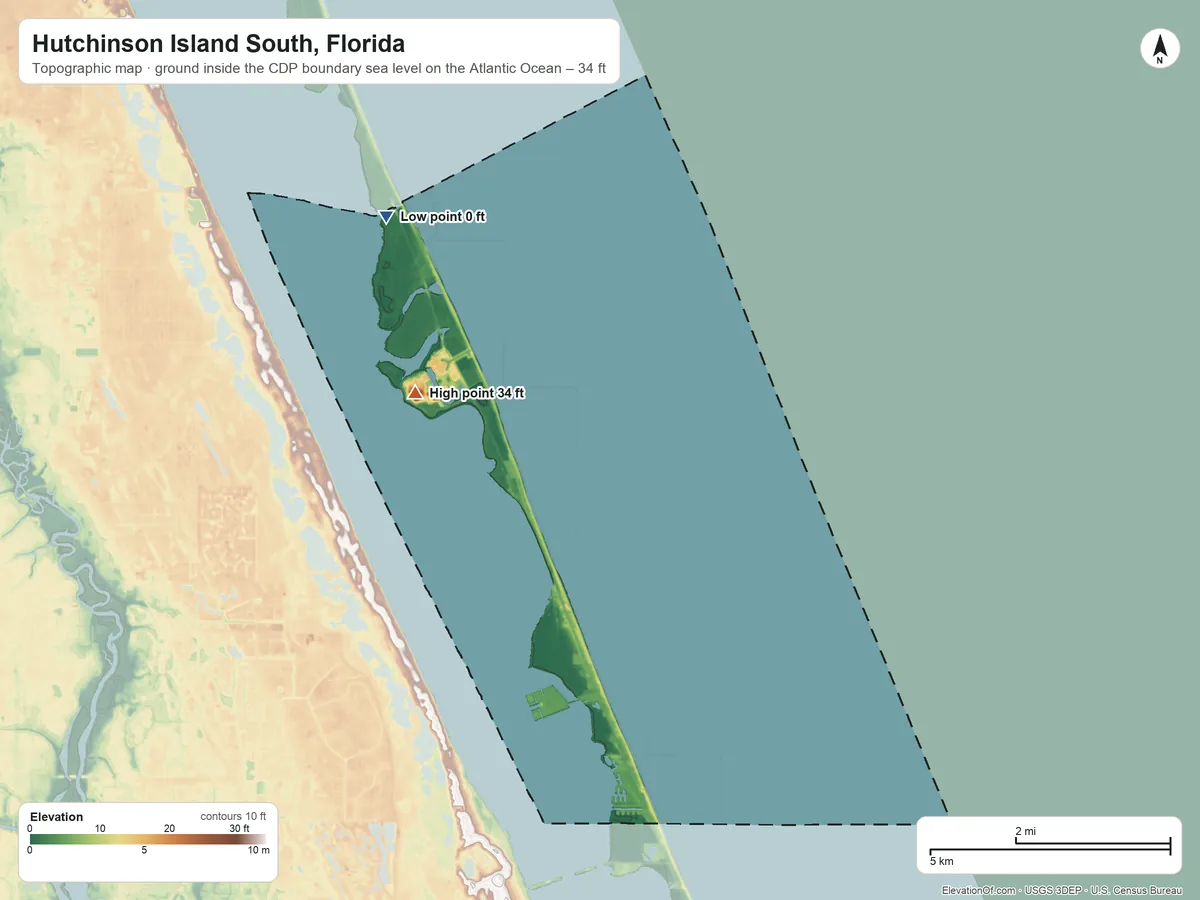 Topographic elevation map of Hutchinson Island South, Florida, shaded from sea level level on the Atlantic Ocean to 34 ft on the northwest side