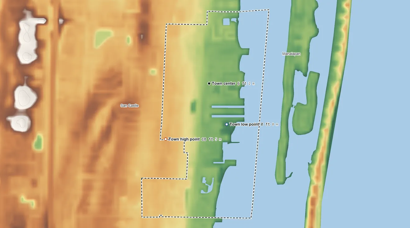Topographic elevation map of Hypoluxo, Florida, shaded from sea level level on the Atlantic Ocean to 18 ft on the southwest side