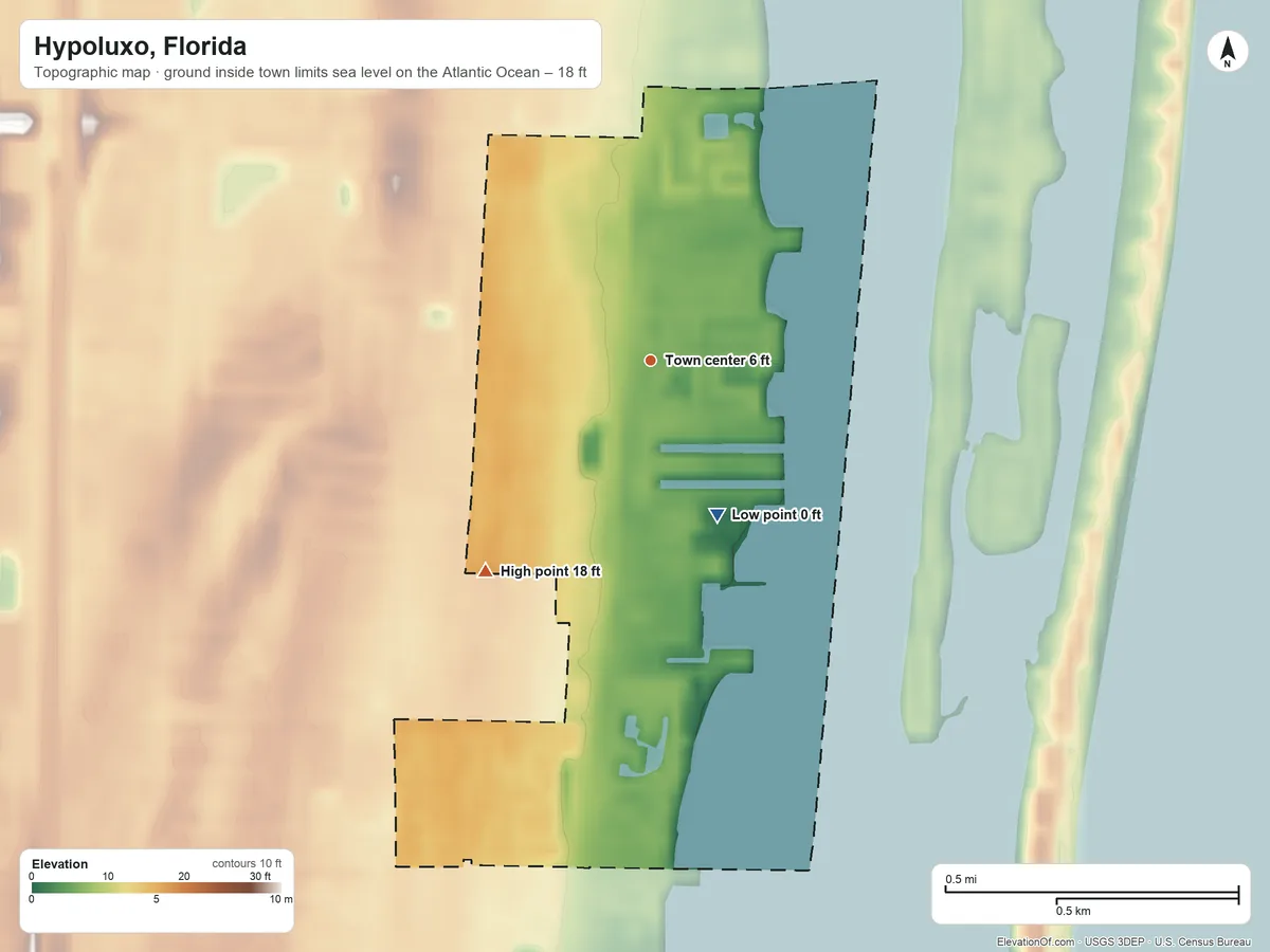 Topographic elevation map of Hypoluxo, Florida, shaded from sea level level on the Atlantic Ocean to 18 ft on the southwest side